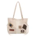 Off-white large capacity PU leather tote bag with decorative patches for women commuting - White