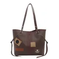 Sac cabas en cuir PU marron avec écussons vintage et rayures rouges verticales - Marron