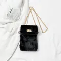 Chic black plush faux fur mini crossbody bag with gold chain strap and turn-lock - Furry Black