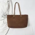 Brown suede tote bag with large diamond quilting and elegant gold chain strap - Brown