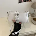 White crocodile pattern underarm bag with silver buckle and Y2K aesthetic metal eyelets - White