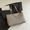 Large capacity beige monogram tote bag with gold chain strap and deer charm detail - Gray Monogram