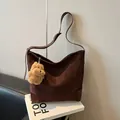 Dark brown suede tote bag with leather trim and decorative plush bear pendant - Coffee With Pendant