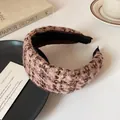 Pink and brown tweed wide headband with a vintage knit texture for women's hair styling - Pink Plaid Headband