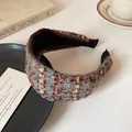 Vintage brown tweed plaid wide headband with padded knit texture for autumn - Blue Plaid Headband