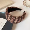 Retro brown and beige tweed wide headband with thick knit texture for women - Brown Plaid Headband