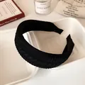 Classic black woven texture wide headband with a vintage knitted design for women - Black