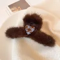 Deep brown faux fur heart hair claw clip with blue houndstooth knit pattern - Houndstooth Heart Claw Clip (FJ3534) / Dark Brown