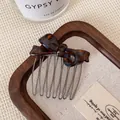 French tortoiseshell bow hair comb with elegant metal teeth for hair styling - Blue Brown Bow Hair Comb