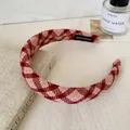 Red and white houndstooth padded headband with handmade label in vintage style - Red Pink Large Plaid