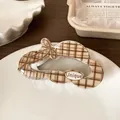 Brown checkered hair claw clip with bow and Unique text for women's hairstyling - Dark Coffee Plaid Cloud Claw