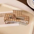 Plaid hair claw clip with brown bow design in elegant beige and coffee tones - Coffee Checkered Bow Square
