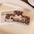 Brown polka dot hair claw clip with beige bow accent for elegant thick hair styling - Dark Coffee Polka Dot Square