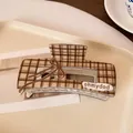 Brown plaid resin shark hair claw clip with bow print and letter details for thick hair - Dark Coffee Checkered Bow Square