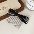 Peine para el cabello con lazo de pata de gallo y púas de metal plateado elegante - Lazo de cinta negra