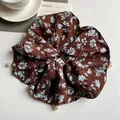 Oversized dark brown floral scrunchie with blue flowers and delicate white pearls - Coffee Floral Scrunchie