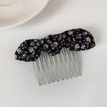 Korean style floral bow hair comb with black printed fabric and silver metal prongs - White Floral