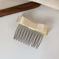Elegant cream satin bow hair comb with polished metal teeth for a minimalist look - Beige Double Layered Bow Hair Comb