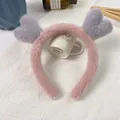Pink plush reindeer antler headband with purple heart details for women and girls - Pink Headband Light Grey Antlers