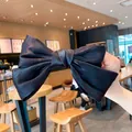 Large navy blue satin bow hair clip with double-layer design and silky finish - Black