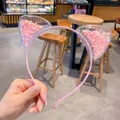 Rosa Katzenohren Haarreif mit glitzergefüllten Ohren und gewebtem Stoffband - Rosa Blume