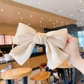 Elegante pinza para el pelo con lazo de satén champán sostenida en la mano - Beige