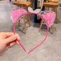 Pink cat ear headband with transparent glitter crown and sequins for little girls - Rose Pink Bow