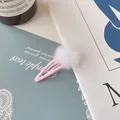 Pink metal BB hair clip with a fluffy white faux fur pompom for kids and girls - Plush Ball BB Clip / White