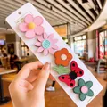 Set of 5 cute floral fabric velcro hair clips for girls in pink, orange and green - Pink Flower