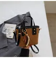 Brown frosted bucket bag with white diamond stitching and beaded tassel detail - With Beaded Pendant / Khaki