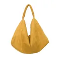 Detail of mustard yellow suede tote bag with knotted handle and matte texture - Yellow