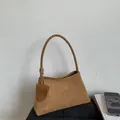 Minimalist brown suede underarm handbag with slim handle and matching shield tag - With Small Pouch / Brown