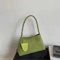Avocado green frosted suede shoulder bag with a small matching pouch and knotted strap - With Small Pouch / Green