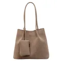 Ensemble cabas minimaliste marron clair avec pochette assortie et logo doré COIH 2DN - Kaki