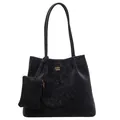 Sac cabas noir vintage en cuir texturé avec petite pochette assortie et anses - Noir