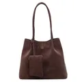 Sac cabas en similicuir marron foncé avec petite pochette assortie et logo doré chic - Marron