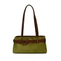 Olive green suede shoulder bag with brown leather straps and belt buckle detail - Green