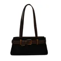 Retro black suede shoulder bag with brown leather straps and gold metal buckle detail - Black