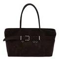Μεγάλη vintage τσάντα tote σε σκούρο καφέ καστόρι με διακοσμητική αγκράφα και κρίκους - Καφέ