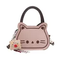 Cute cat bread handbag in light pink suede with brown leather trim and cat face embroidery - With Pendant / Pink