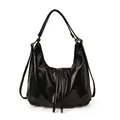 Glossy black PU leather hobo tote bag with adjustable straps and metallic zip closure - Black (No Pendant)