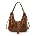 Large dark brown shiny PU leather tote bag with convertible straps and pleated base - Brown (No Pendant)