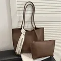 Minimalist large brown tote bag with fashion strap and matching inner pouch set - Brown