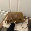 Brown crossbody bag with M-letter print, silver chain strap and metal buckle accent - Brown