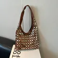 Stylish brown PU leather hobo bag with silver round rivet studs - Brown