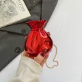 Mini red lucky bag clutch with metallic mirror finish and golden chain strap - Red