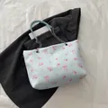 Floral light blue bucket tote bag with pink rose patterns and silver chain strap - No Pendant / Blue