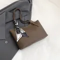 Dark brown lychee leather tote bag with heart pattern silk scarf tied on the handle - Brown