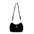Sac bandoulière en peluche noire en forme de croissant avec lanières en cuir et plaque dorée - Noir