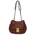 Brown suede bucket bag with quilted pleats and metallic chain shoulder strap - Brown